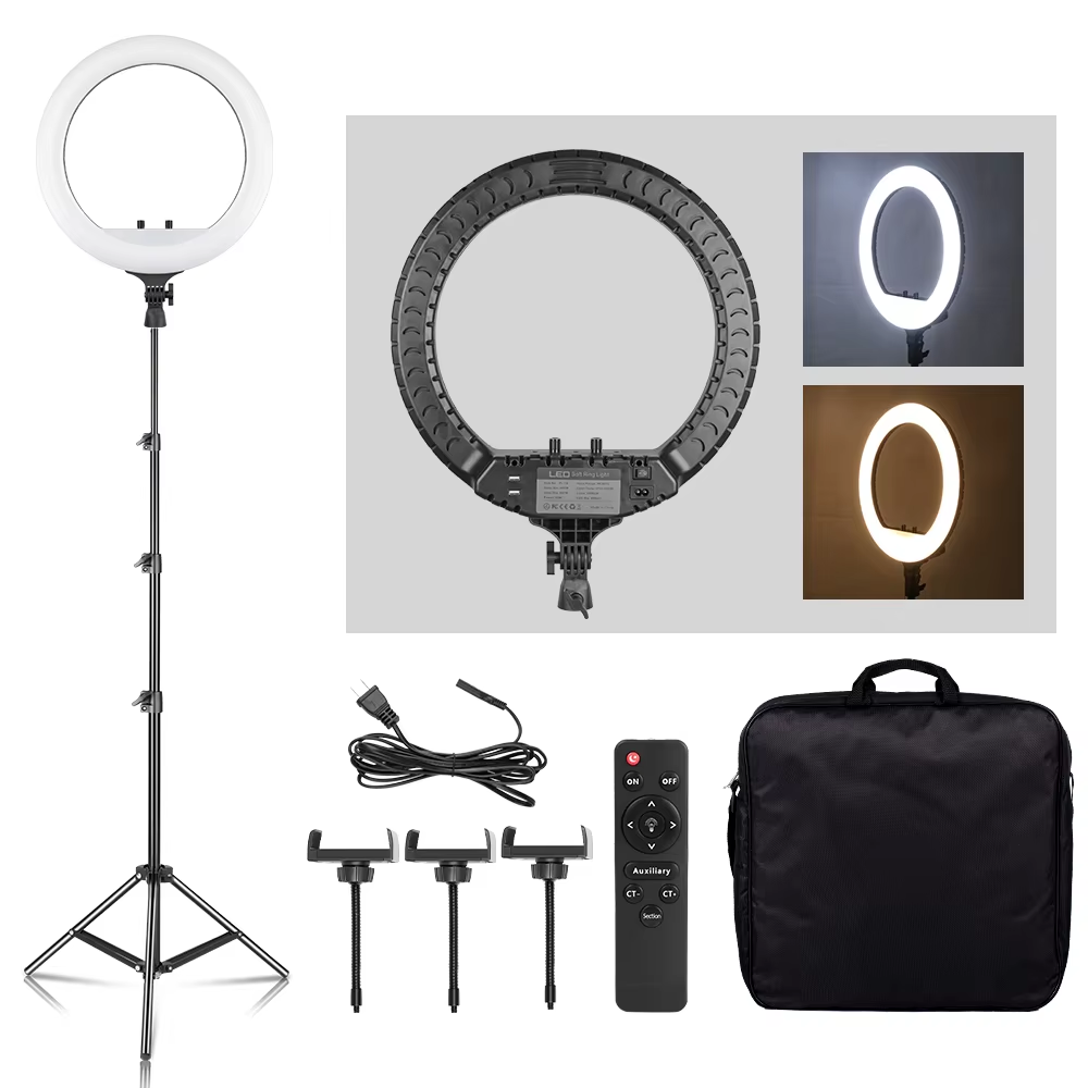 Photography Lighting Circle - SH 18インチノブリングライトLEDセルフィービデオランプ、三脚スタンド、スマホクリップ付き、YouTubeライブ照明、写真撮影スタジオ用