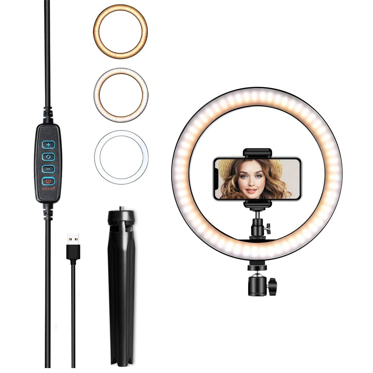 三脚付きLEDセルフィーリングライト,電話ホルダー,円形充填 - Photography Lighting Circle のレビューと価格